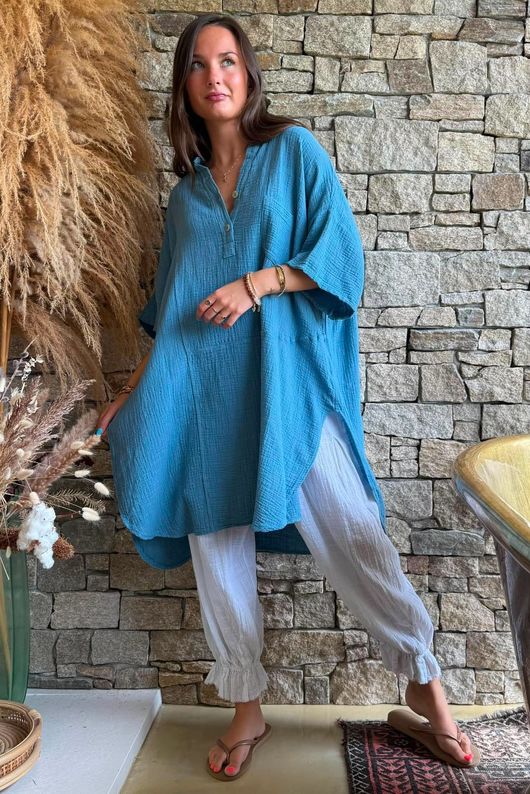 Tasha Cushion Cotton Oversized Shirt Tunic Denim